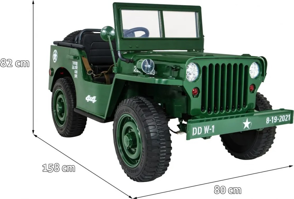 Jipe elétrico para Crianças 3 Lugares Retro Military 24V 4x4 Rodas Espuma EVA, assento couro ecológico Verde