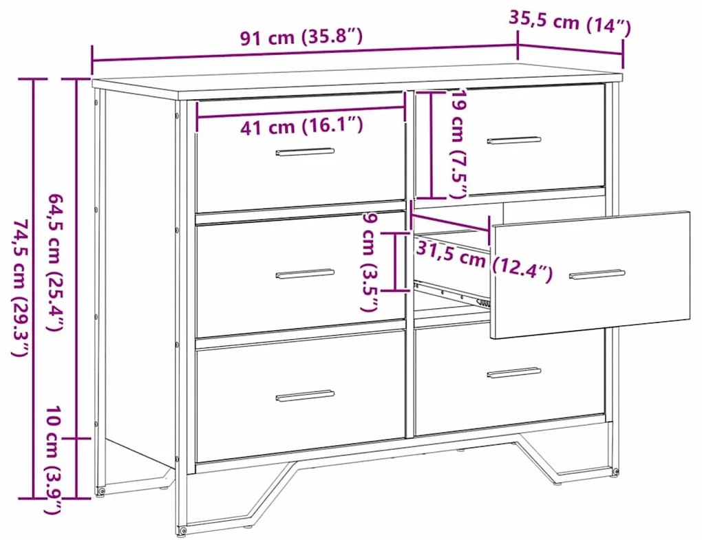 Cômoda Madeira Velha 91x35.5x74.5 cm Madeira de Engenharia