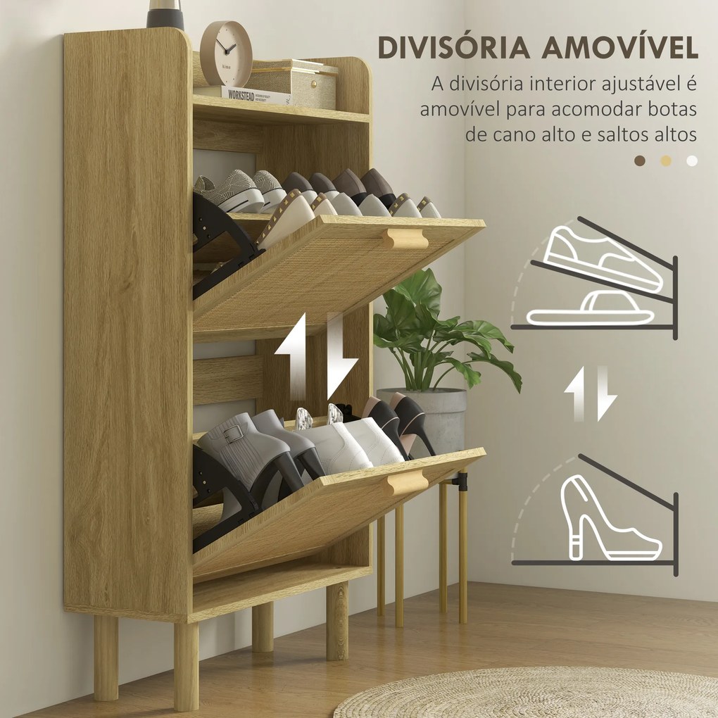 Móvel Sapateira de Entrada com 2 Gavetas Basculantes e 1 Prateleira Aberta para 18 Pares de Sapatos 80x24,5x110 cm Carvalho