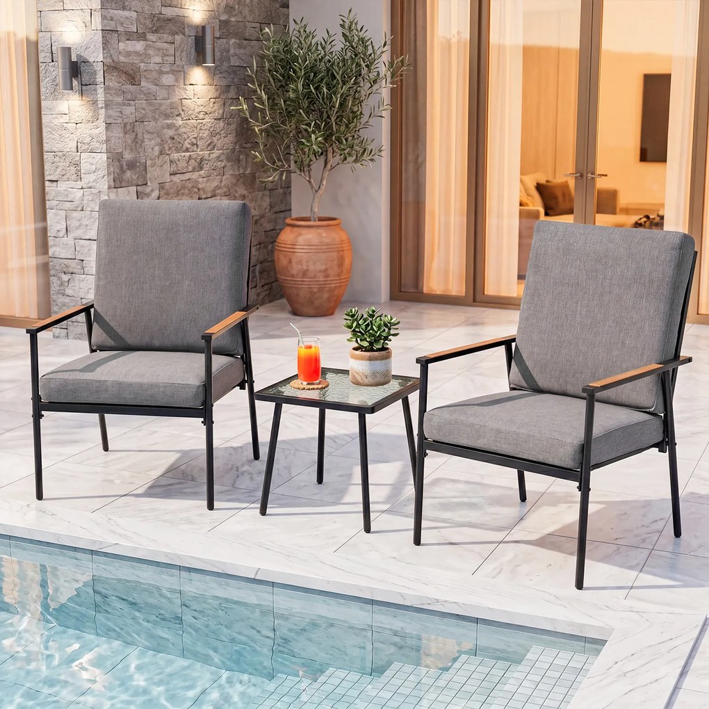 Conjunto de 2 Cadeiras de Jardim e Mesa Auxiliar, 71 x 56 x 93 cm, Estrutura em Aço, Preto+Cinza
