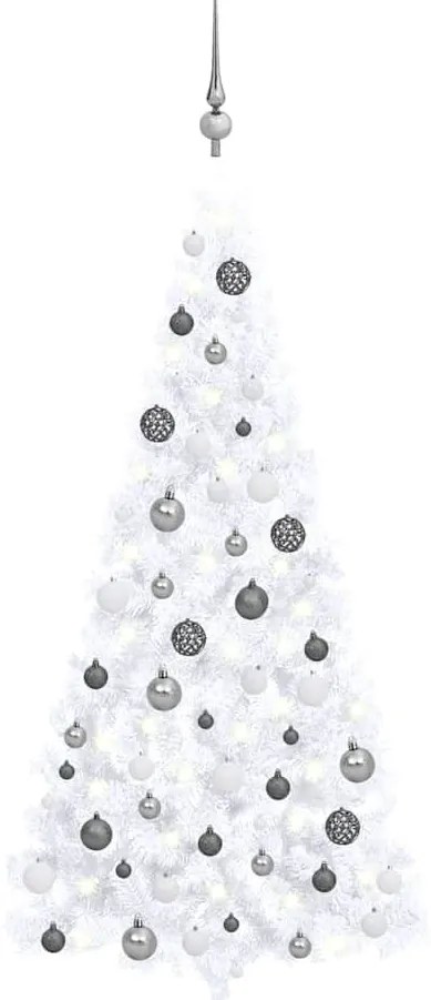 Meia árvore Natal artificial pré-iluminada c/ bolas branco