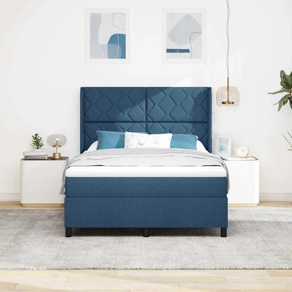 Cama com Estrado e Colchão Azul 140x200 cm em Tecido