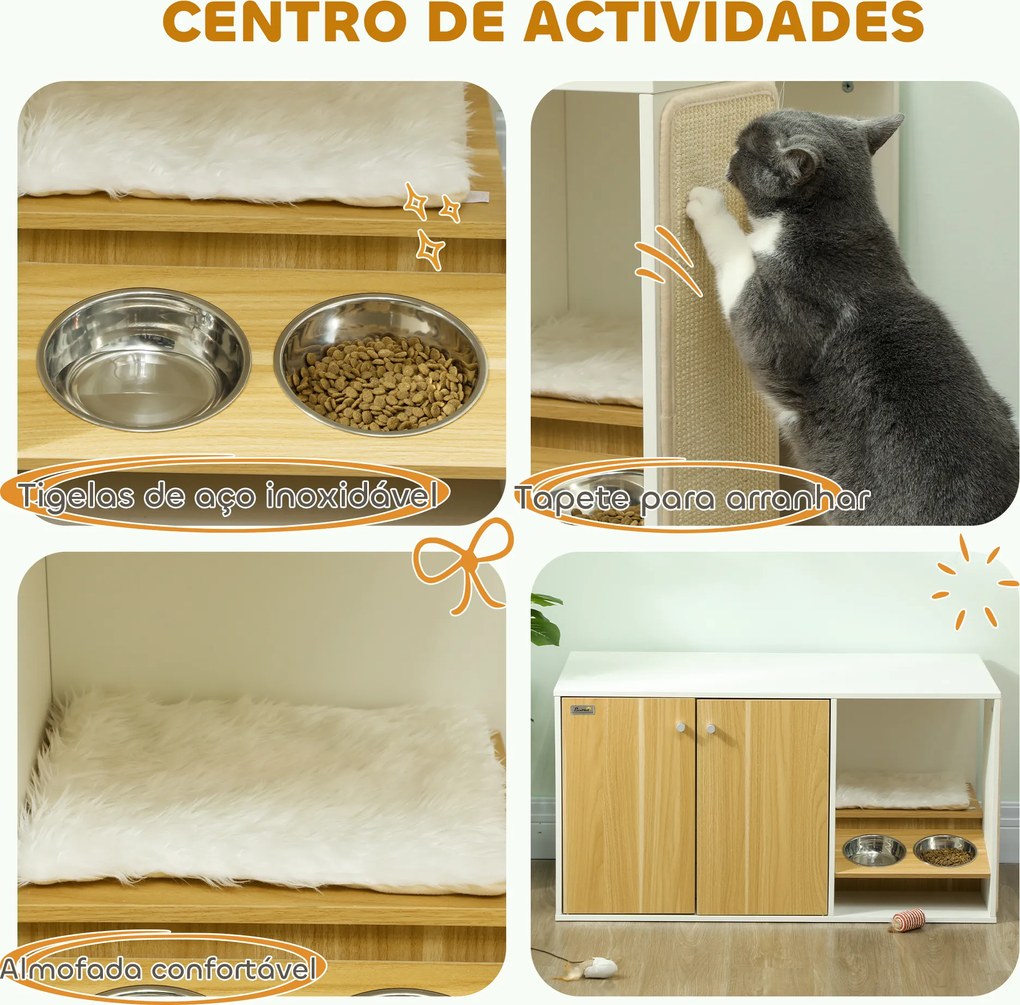 Móvel Caixa de Areia para Gatos 3 em 1 Mesa Auxiliar Caixa de Areia para Gatos com Tapete para Arranhar 95x48x50,5 cm Branco e Carvalho