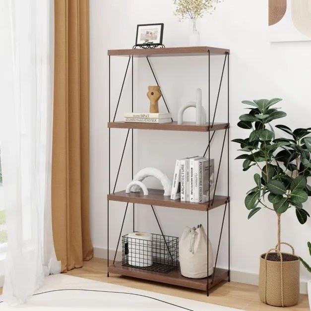 Estante multifunções de 4 níveis com estrutura metálica Estante de arrumação doméstica 61 x 105 cm Nogueira