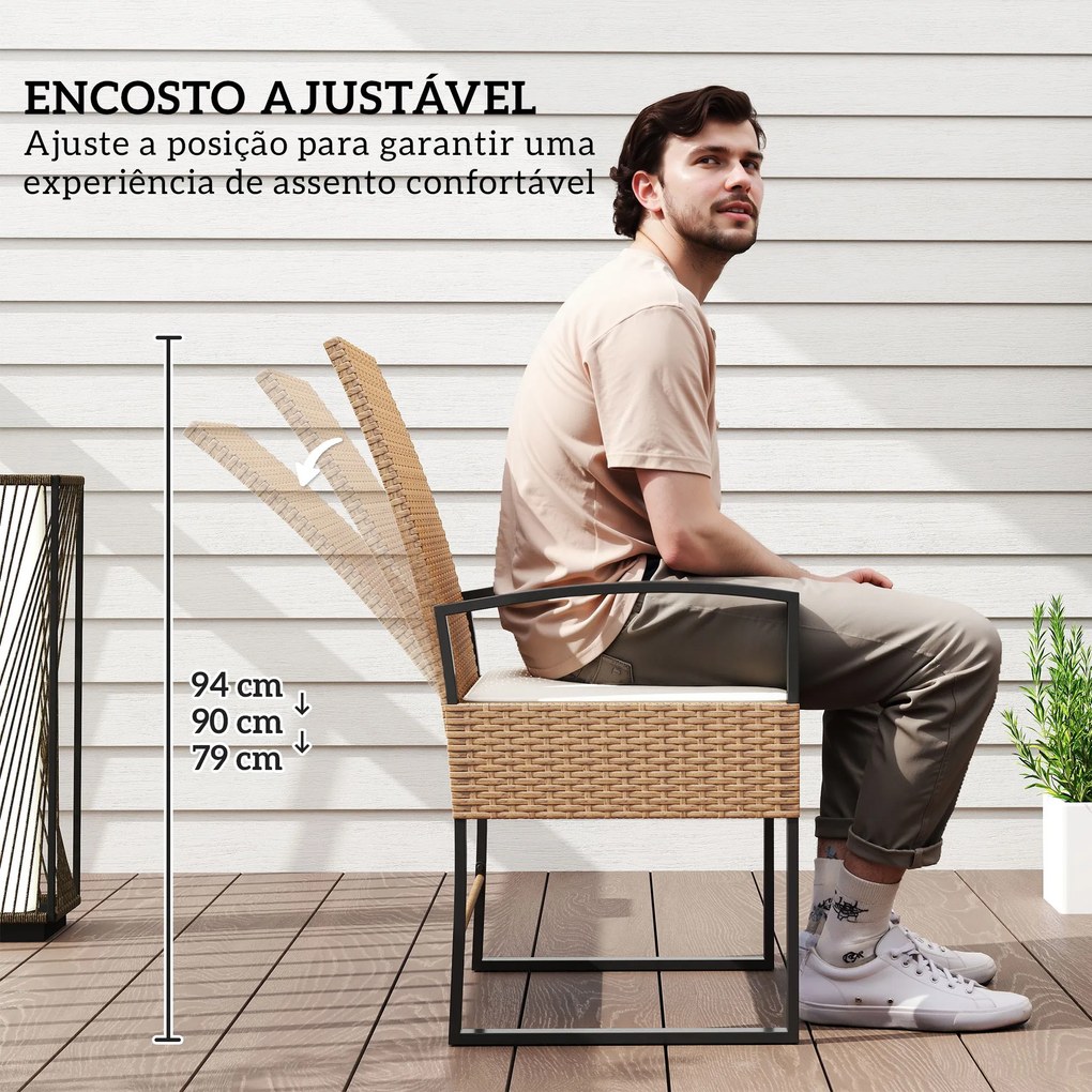 Conjunto de Jardim de 3 Peças com 2 Cadeiras e Mesa de Vime com Encosto Ajustável e Bancada de Vidro Bege e Branco