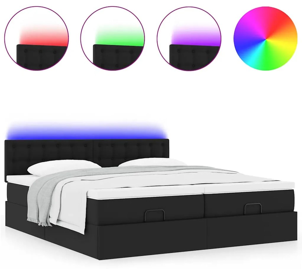 Cama otomana com colchões&amp;LEDs 160x200cm couro artificial preto