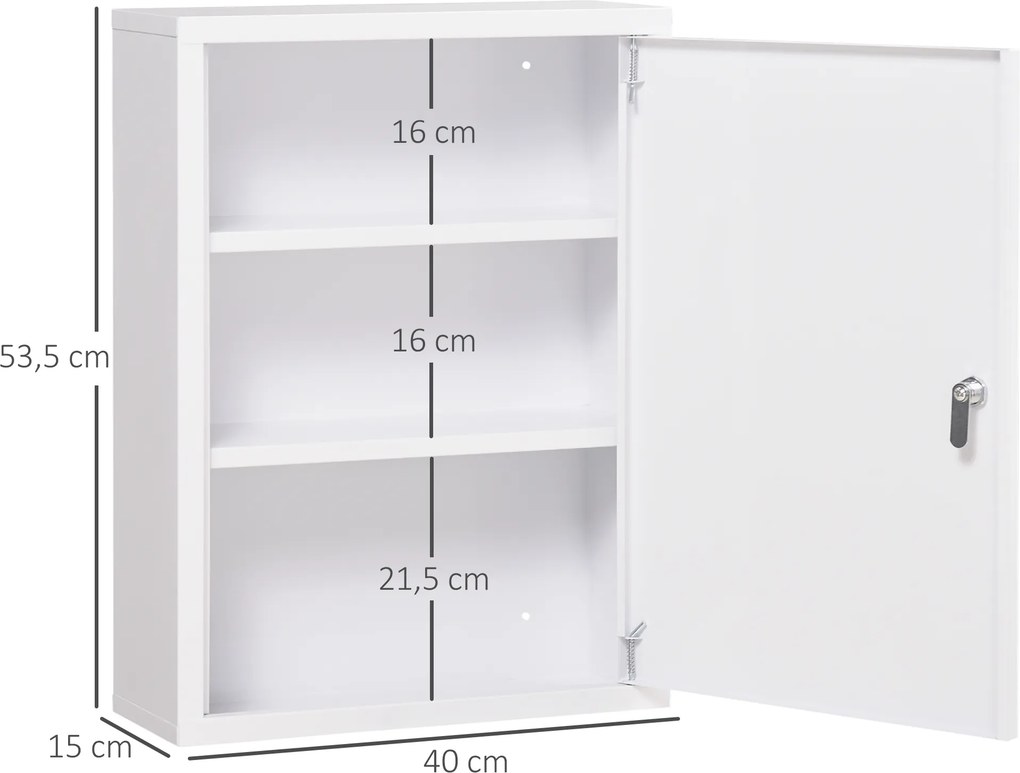 Armário de Parede para Medicamentos de Aço com 3 Prateleiras e 2 Chaves para Casa de Banho 40x15x53,5 cm Branco