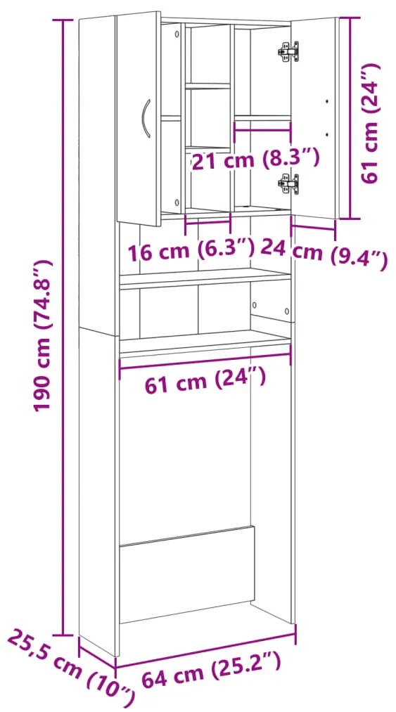 idaXL Armário máquina lavar roupa 64x25,5x190 cm carvalho sonoma