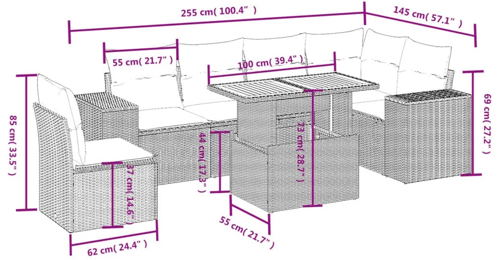 7 pcs conjunto sofás p/ jardim c/ almofadões vime PE cinzento