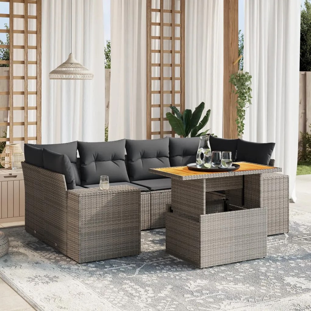 7 pcs conjunto sofás p/ jardim c/ almofadões vime PE cinzento
