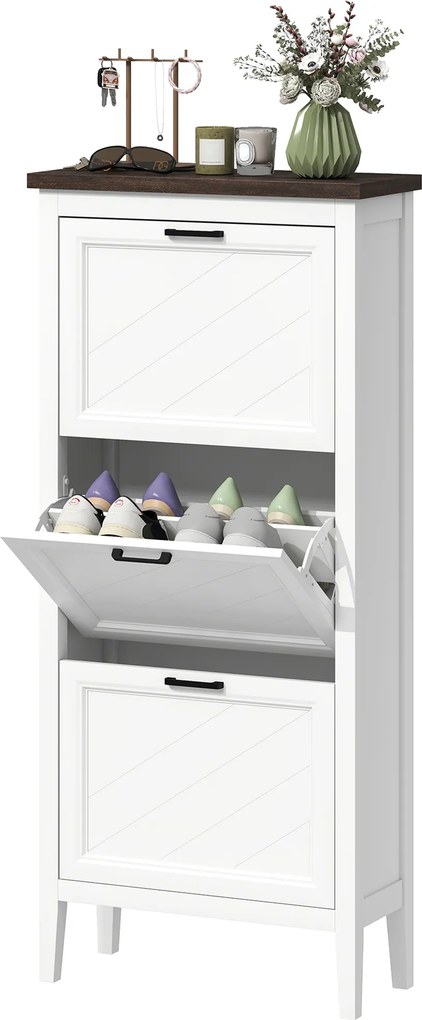 Sapateira com capacidade para 18 pares 60 x 26,5 x 133,7 cm, armário estreito com 3 gavetas rebatíveis e prateleiras ajustáveis, branco