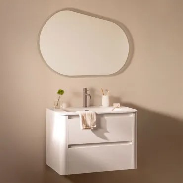 Conjunto De Móveis De Banheiro De Madeira Egerton Com Pia Integrada Branco & Oval Led E Anti-embaciamento 100x80 Cm Meunier & Castanho - Sklum