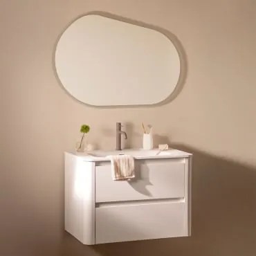 Conjunto De Móvel De Casa De Banho Suspenso 80x50 Cm Em Madeira Com Lavatório Integrado Egerton Branco & Oval Led E Anti-embaciamento 100x80 - Sklum