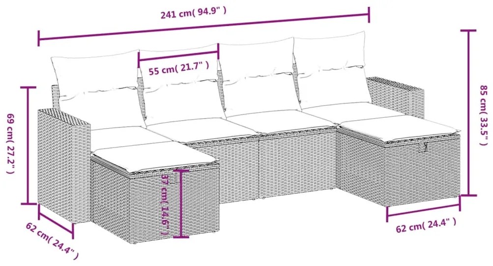 6 pcs conj. sofás jardim com almofadões vime PE cinzento-claro