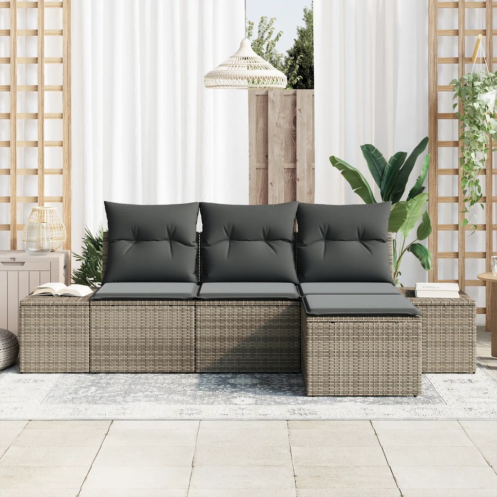 Conjunto de Sofá de Jardim de 4 Peças com Almofadas Cinza de Rattan