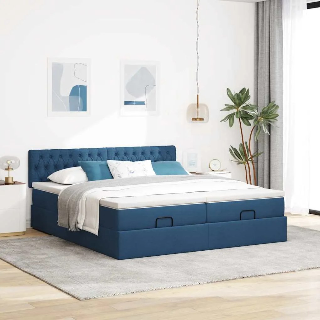 Estrutura de cama otomana com colchões 180x200cm tecido azul