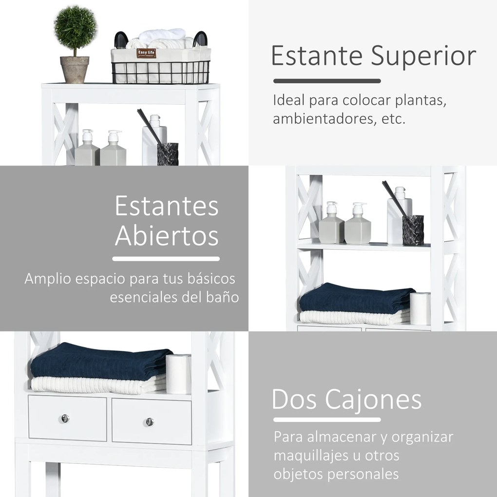 Kleankin Prateleira de banheiro Armário com 3 prateleiras e 2 gavetas com dispositivo anti-queda 60x20x165 cm Branco