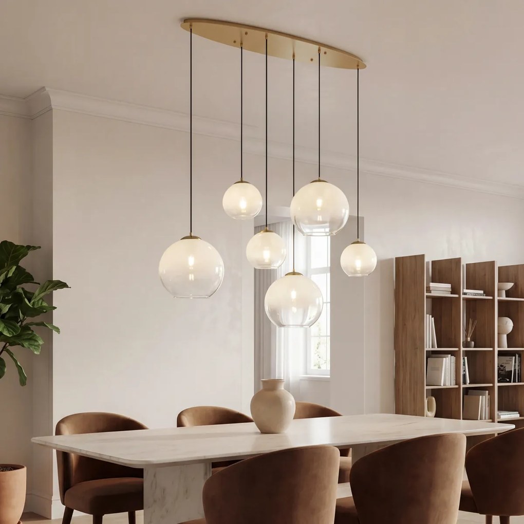 Candeeiro suspenso Hotel Chic latão com vidro branco retangular 6-luzes - Misty
