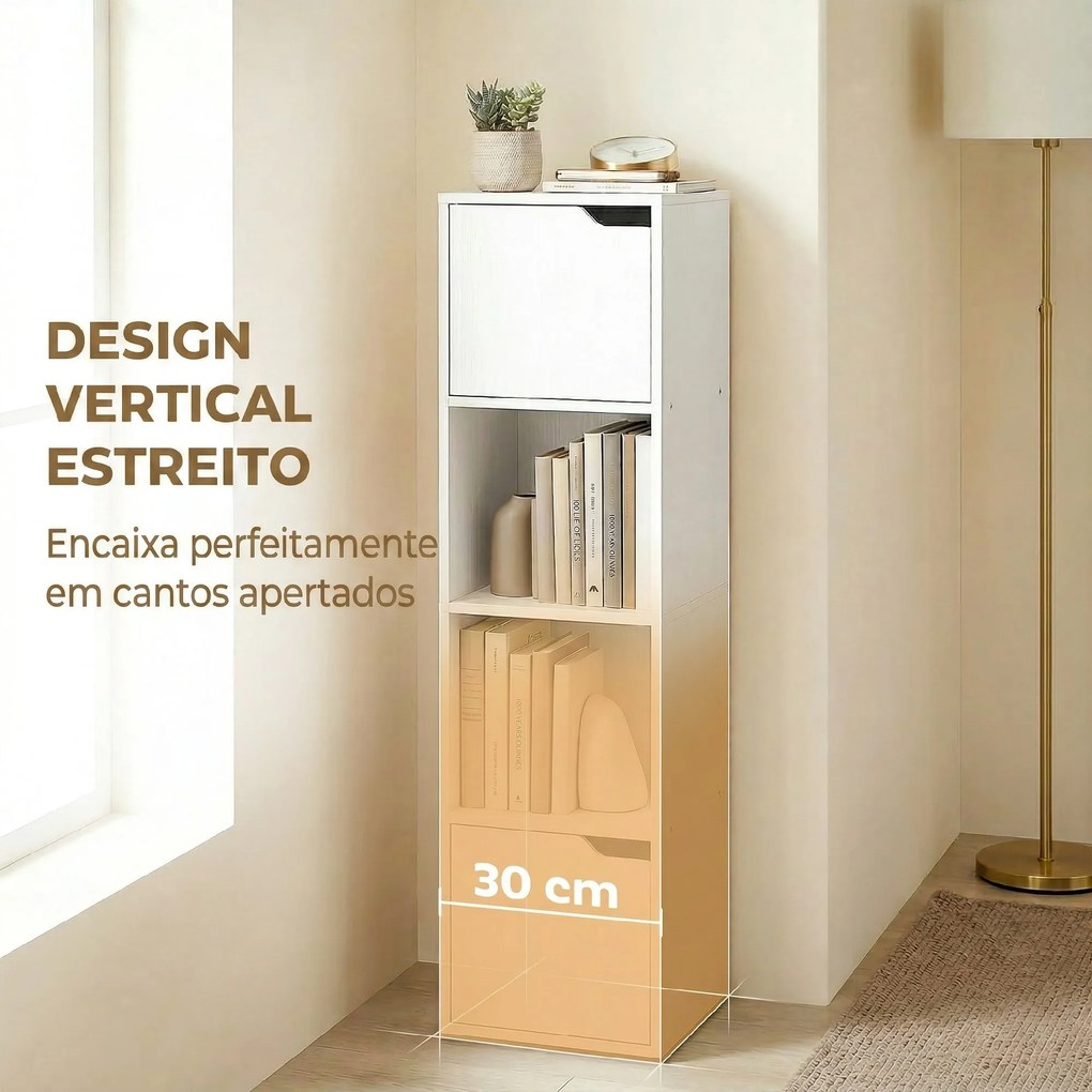 Estante para Livros com 2 Portas Estante Estreita de 4 Níveis com 2 Prateleiras Abertas 30x29x119 cm Branco