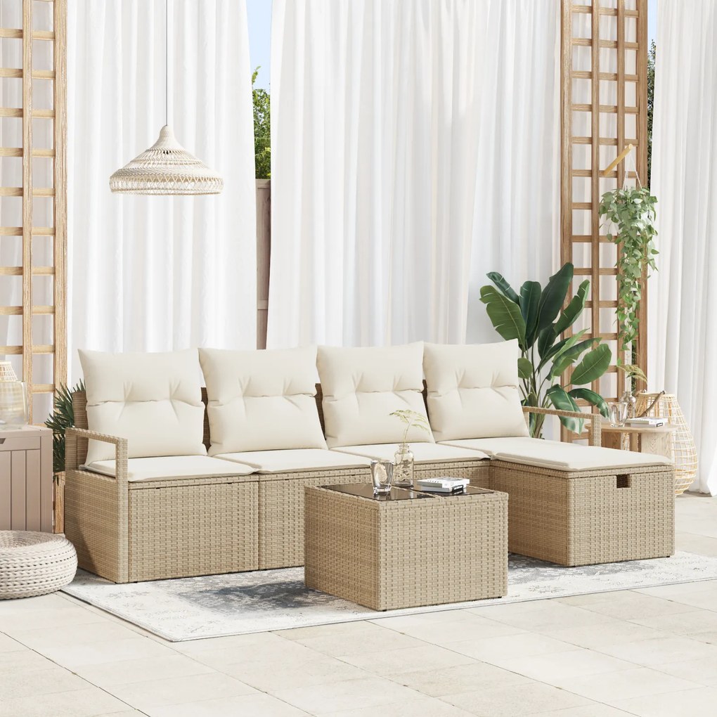 Conjunto Sofá de Jardim de 6 Peças com Almofadas Bege Rattan Poliéster