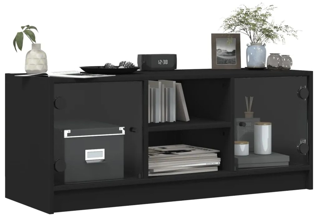 Móvel de TV c/ portas de vidro 102x37x42 cm preto
