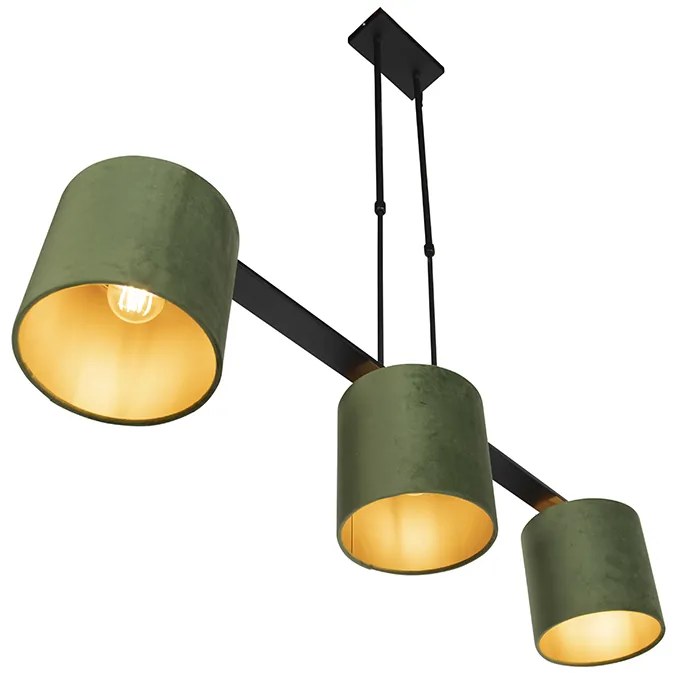 Candeeiro de suspensão com abajures de veludo verde com dourado 20cm - Combi 3 Deluxe Country / Rústico
