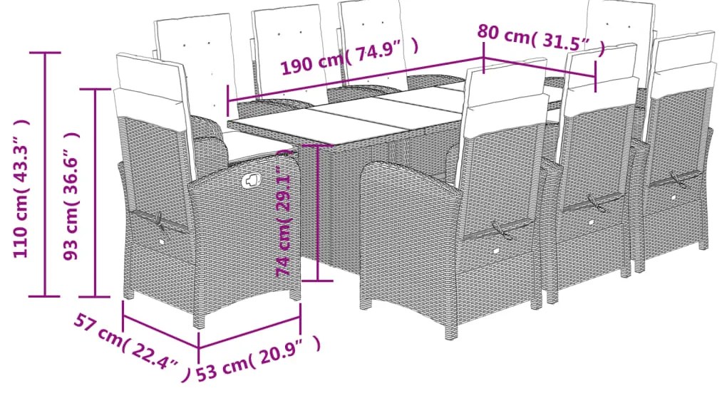 9 pcs conjunto de jantar p/ jardim com almofadões vime PE bege
