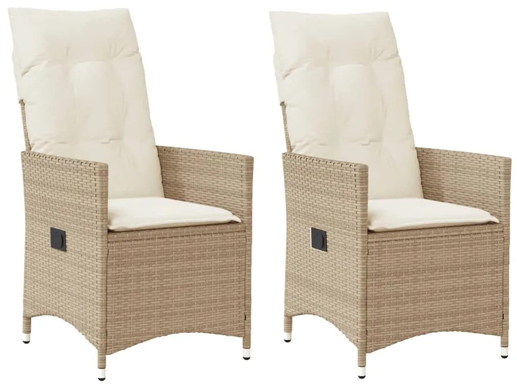 Cadeiras de jardim reclináveis 2 pcs c/ almofadões vime PE bege