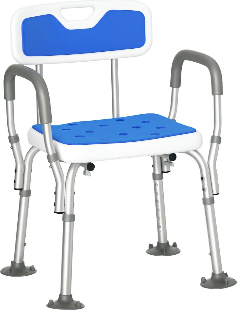 Banco de duche ergonómico com altura ajustável e pés antiderrapantes, 56,5 x 53,5 x 87 cm, branco e azul