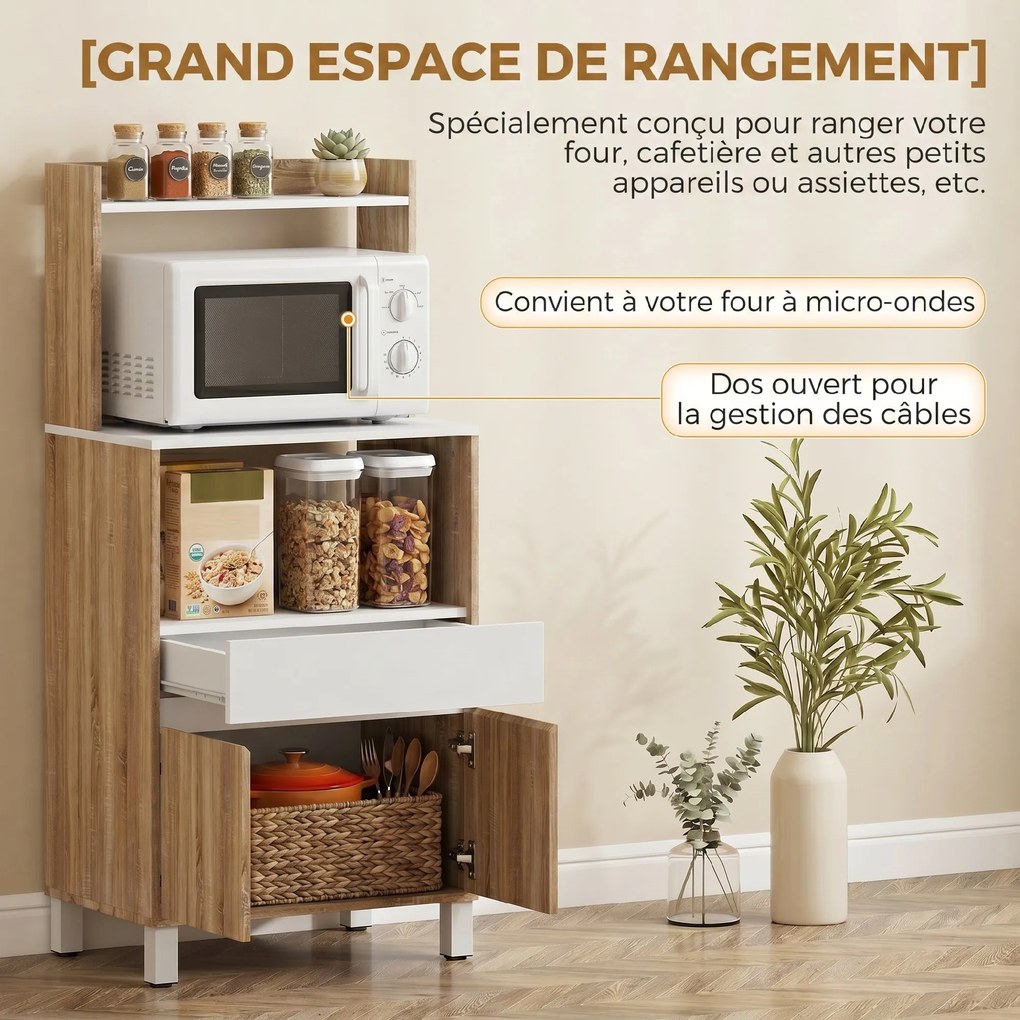 Móvel para micro-ondas 60 (L) x 40 (P) x 131 (A) cm, aparador de cozinha com gaveta, 2 portas com fecho suave, bancada e prateleiras abertas, cor carv