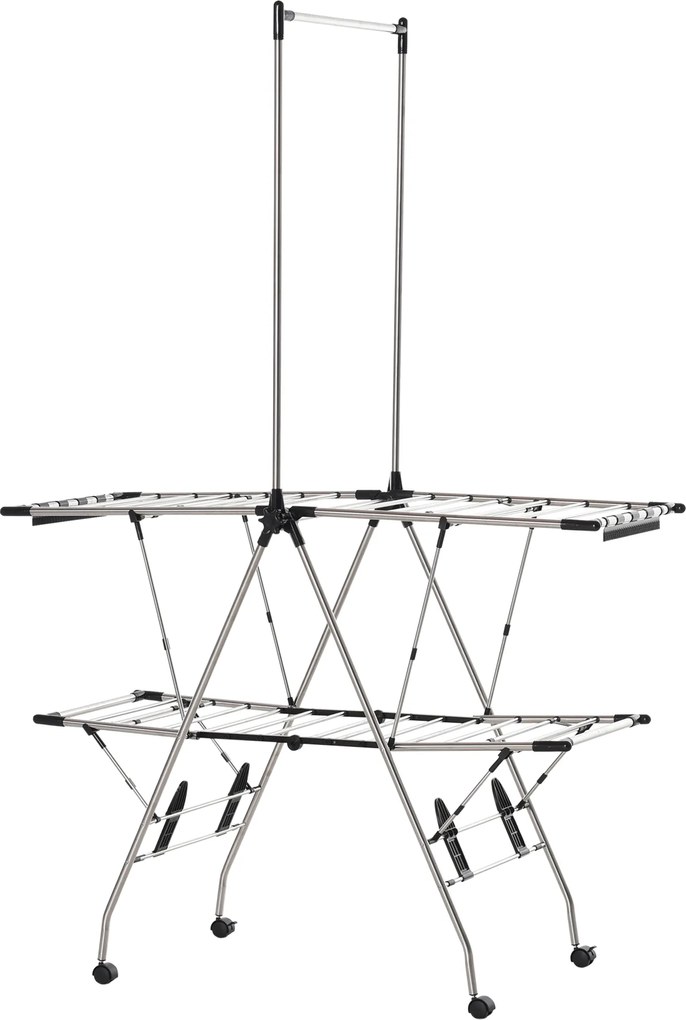 Estendal de roupa dobrável com rodas, ampla área de secagem, aço inoxidável, 138,5 x 63 x 208 cm, prateado e preto