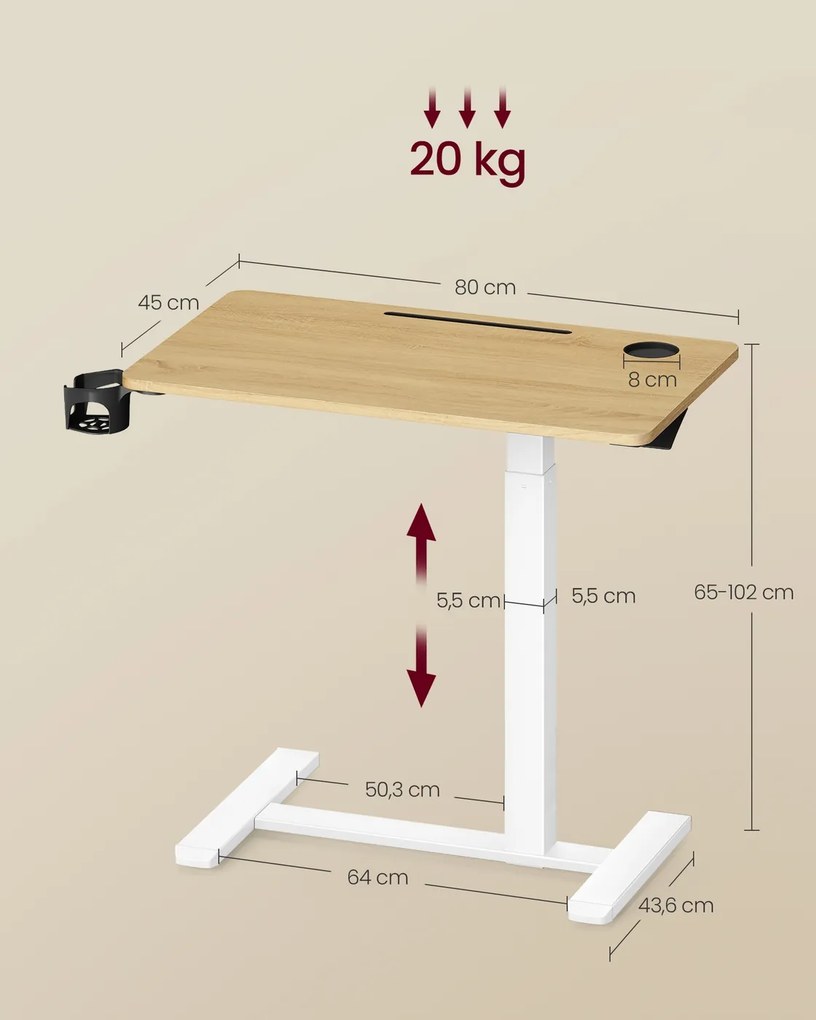 Mesa auxiliar móvel com rodas e suportes para bebidas 80 x 45 x (65-102) cm, em tom de carvalho dourado