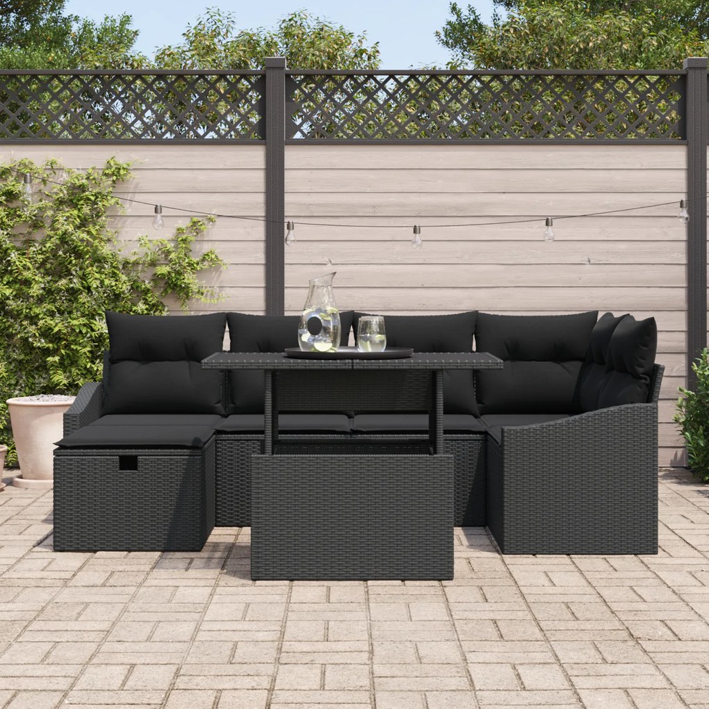 Conjunto de Sofá de Jardim de 7 Peças com Almofadas Preto Rattan Polié