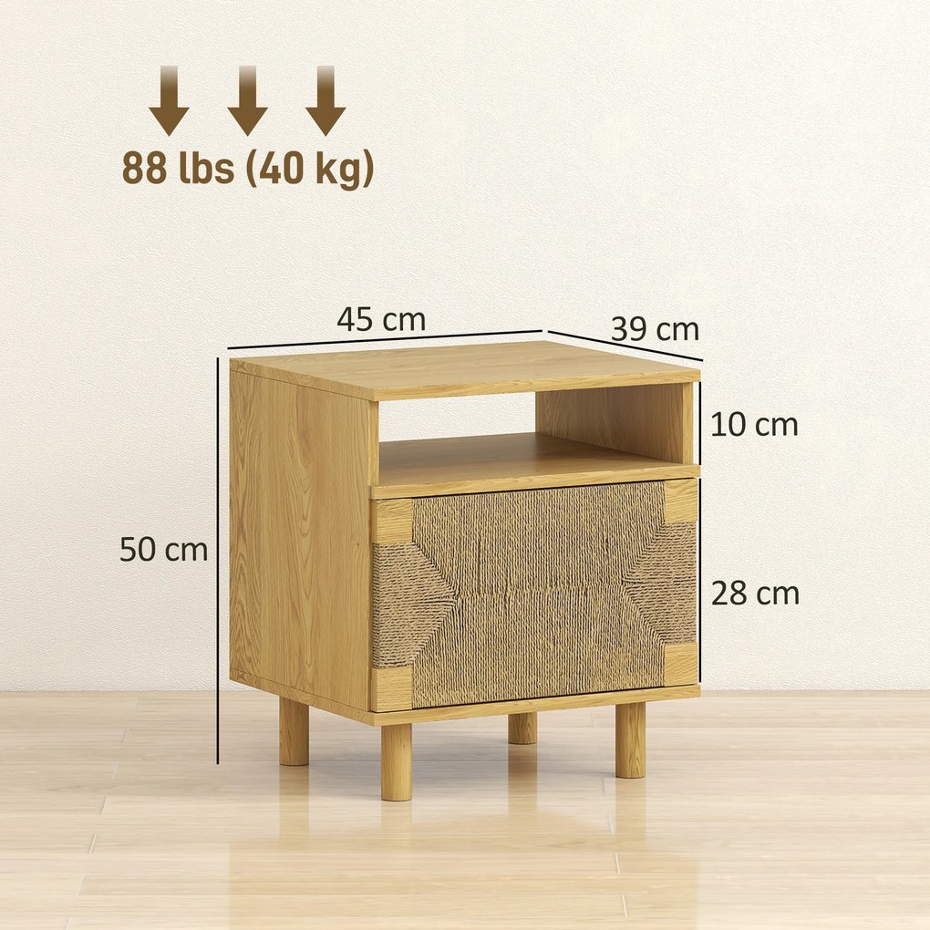 Mesa de Cabeceira Estilo Bohémio com Porta de Corda de Papel Prateleira Aberta e Abertura por Pressão 45x39x50 cm Cor Carvalho