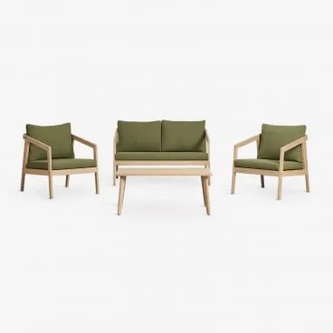 Conjunto De Jardim Com Sofá, 2 Poltronas E Mesa De Centro Em Madeira De Acácia Kaela Marrom Acácia Claro & 2 Lugares & Bouclé Verde Sálvia - Sklum