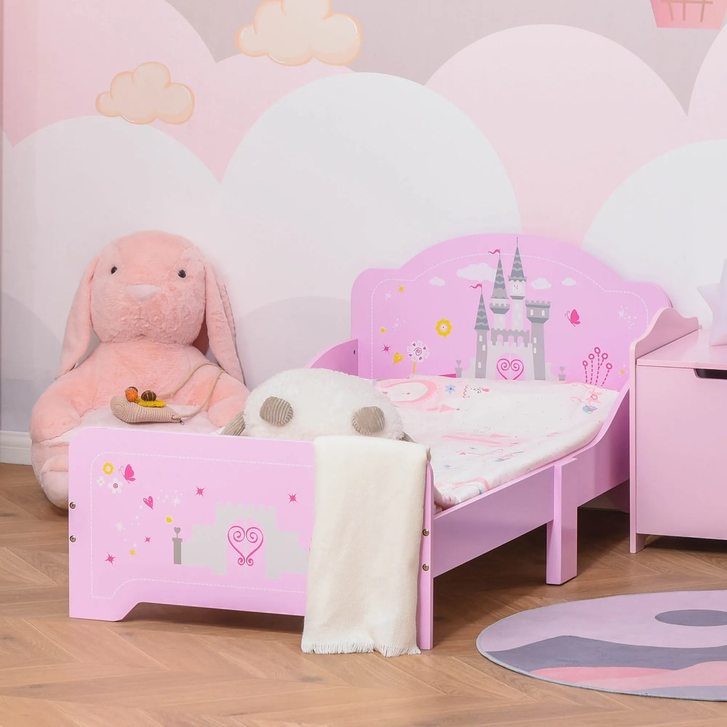 Cama Infantil acima de 3 Anos Cama para Crianças de Madeira com Barreira de Proteção Carga Máx. 50kg 143x73x60cm Rosa