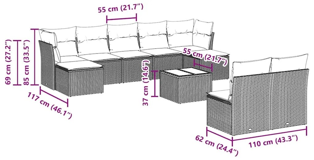 10 pcs conjunto sofás de jardim c/ almofadões vime PE preto