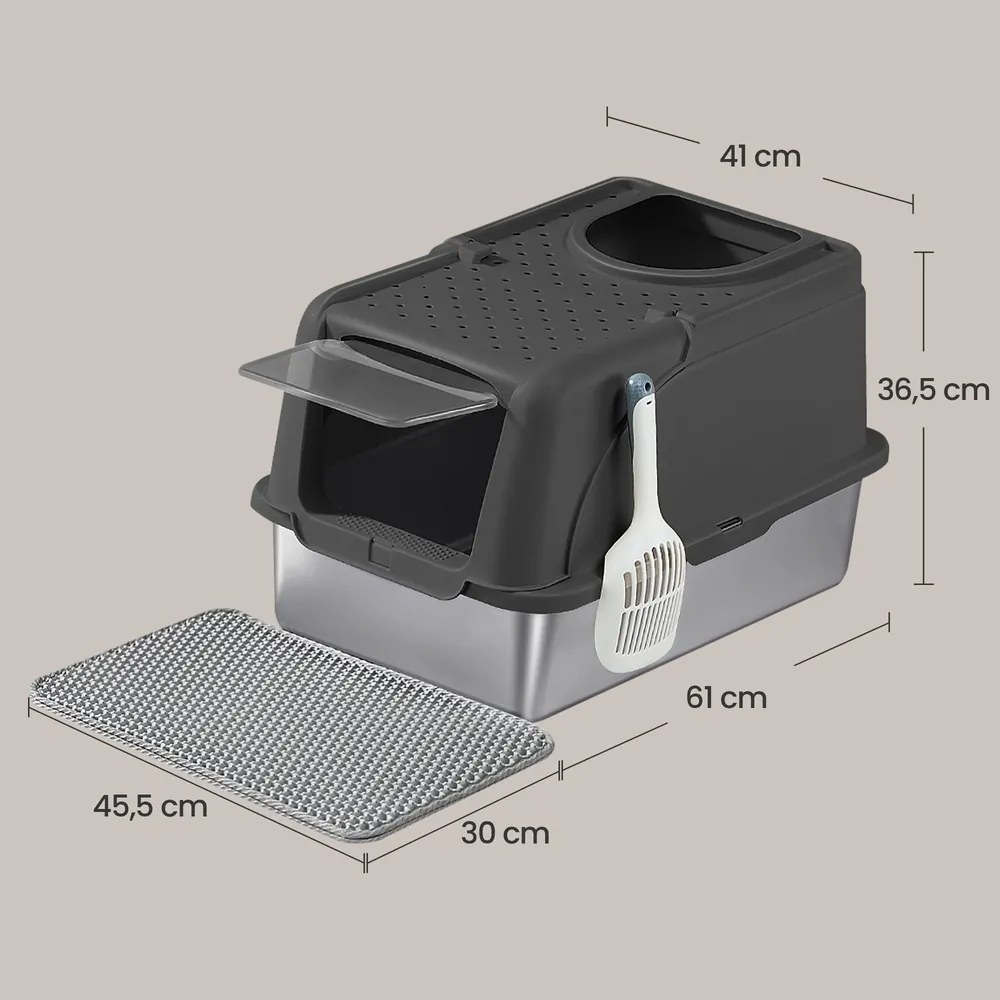 Caixa de areia para gatos 61 x 41 x 36,5 cm aço inoxidável e plastico Preto