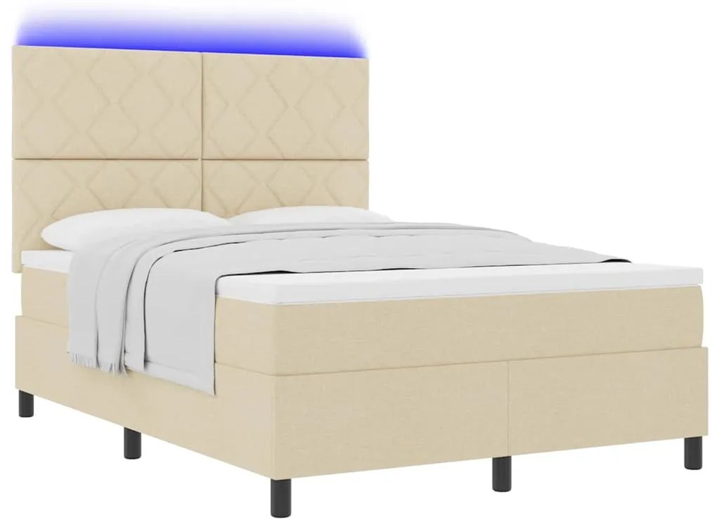 Cama Box com Colchão e Luz LED Creme, 140 x 200 cm, Tecido