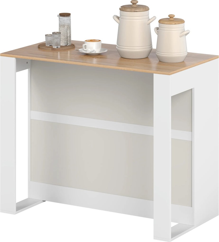 Mesa alta de cozinha 113 x 60 x 90 cm com 3 níveis e 2 compartimentos abertos, tampo com efeito de madeira natural, branca