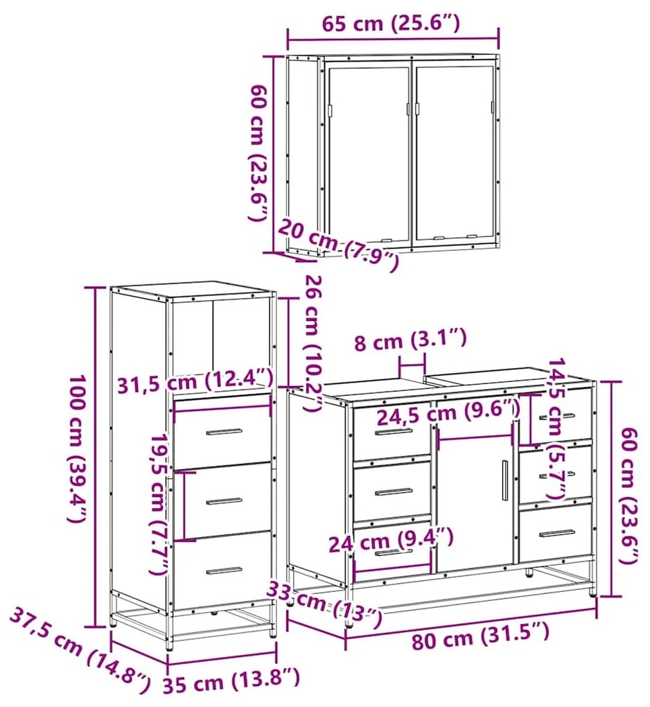 3 pcs Conjunto móveis casa de banho madeira proc. cinza sonoma