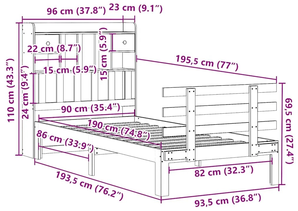 Cama com estante sem colchão 90x190 cm pinho maciço