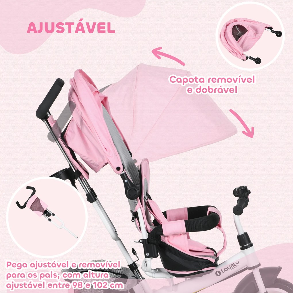 Triciclo para Bebés Evolutivo com Capota Dobrável Guiador Telescópico e Removível Bolsa e Porta-Garrafas 102x49x102 cm Rosa