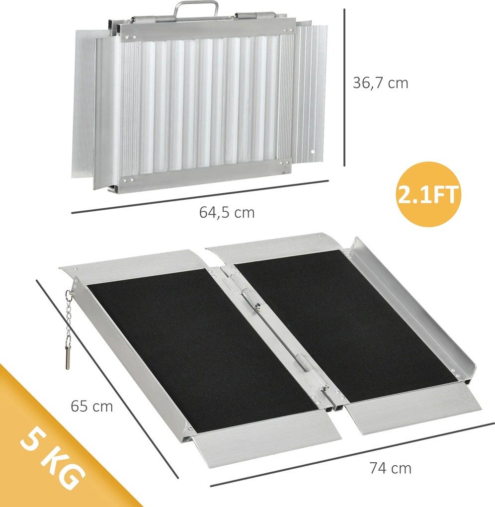 Rampa Dobrável para Cadeira de Rodas, 65 x 74 x 5,5 cm, Superfície Antiderrapante, Preta