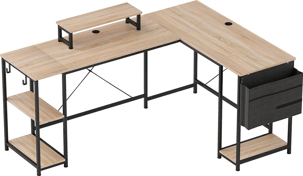 HOMCOM Secretária de canto modular reversível 168-240 cm estilo industrial - prateleira ajustável, saco de arrumação, suporte de monitor | Aosom Portugal