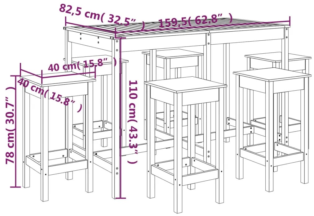 7 pcs conjunto de bar para jardim pinho maciço