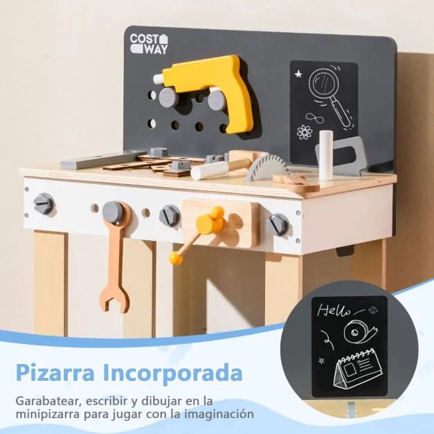 Banco de ferramentas para crianças com painel perfurado, quadro de giz e Estante para crianças com mais de 3 anos Multicolorido