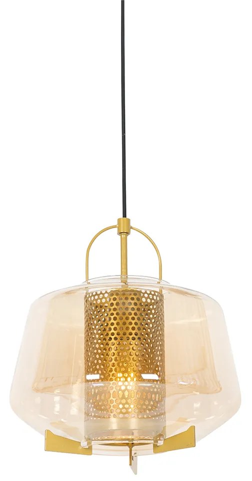 Candeeiro suspenso art déco dourado com vidro âmbar 30 cm - Kevin Art Deco