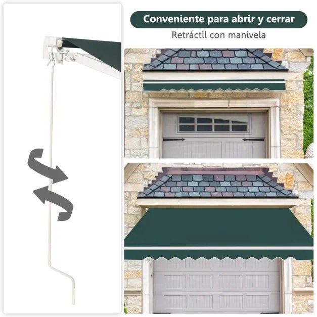 Toldo retrátil 3 x 2,5 m em alumínio com manivela e poliéster impermeável para exterior Verde