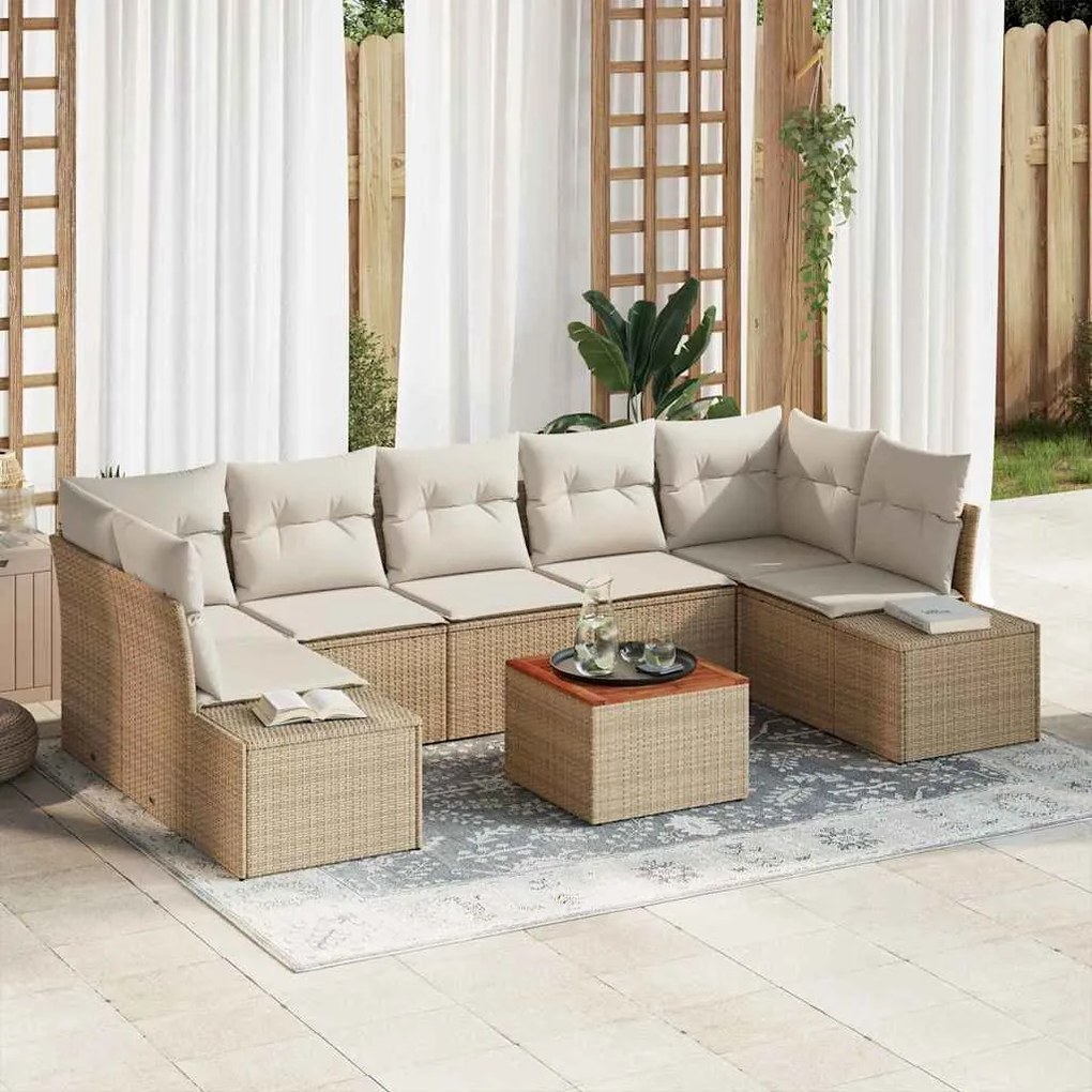 vidaXL Sofá de Jardim 8 Peças com Almofadas Beiges em Rattan Sintético de Acácia